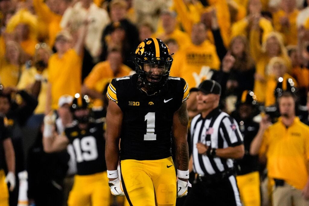 Iowa Hawkeyes defensive back Xavier Nwankpa (1) reacts during a college football game against the Penn State Nittany Lions Oct. 18, 2025 at Kinnick Stadium in Iowa City, Iowa.