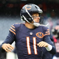 Oct 19, 2025; Chicago, Illinois, USA; Chicago Bears quarterback Case Keenum (11) practices against the New Orleans Saints before the game at Soldier Field.