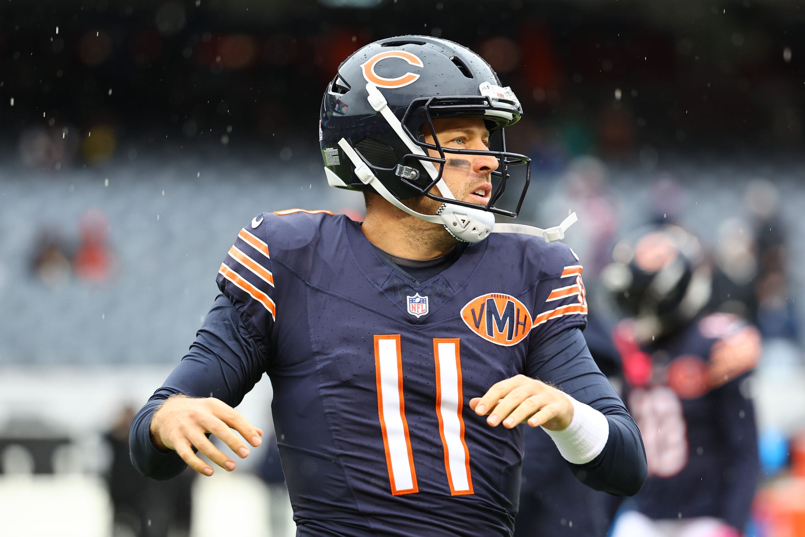 Oct 19, 2025; Chicago, Illinois, USA; Chicago Bears quarterback Case Keenum (11) practices against the New Orleans Saints before the game at Soldier Field.