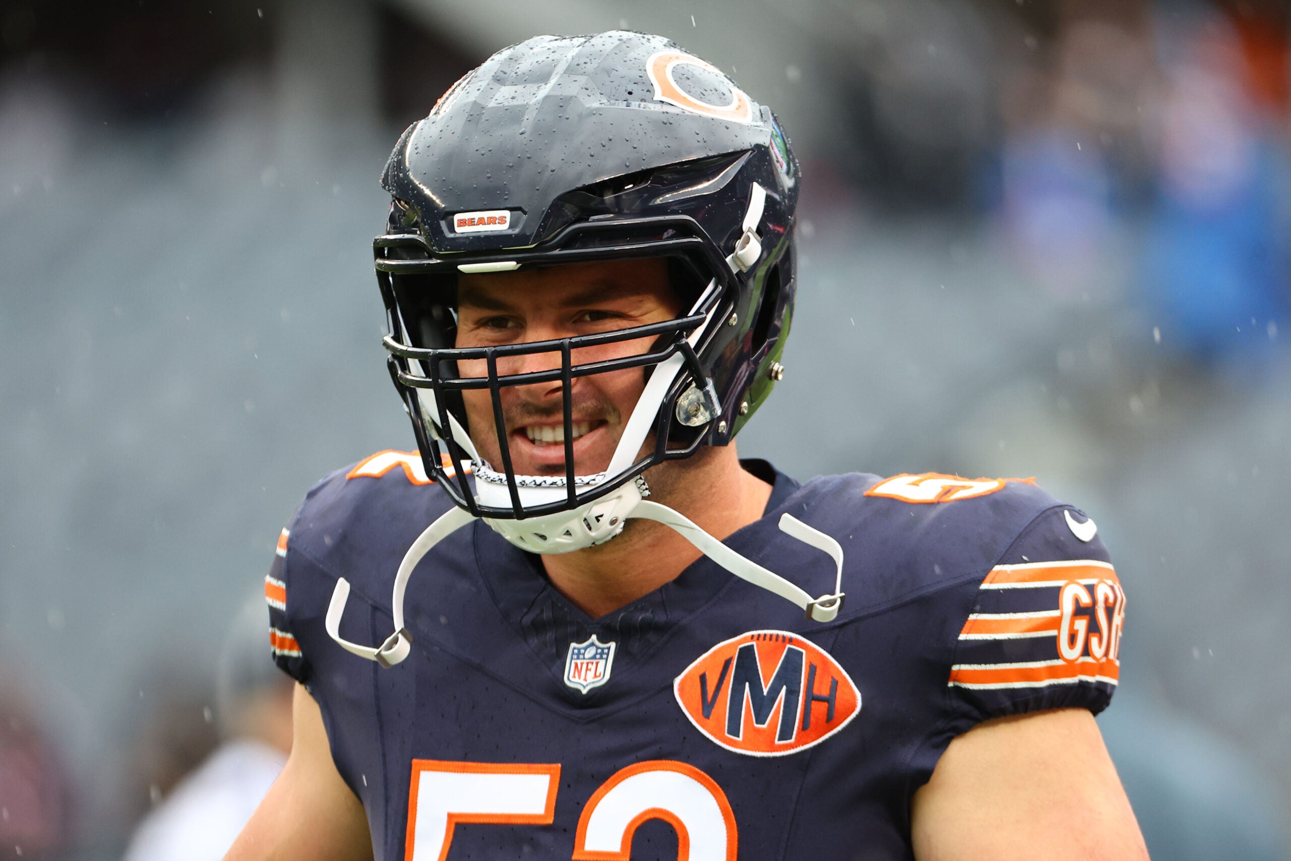 Oct 19, 2025; Chicago, Illinois, USA; Chicago Bears center Drew Dalman (52) practices against the New Orleans Saints before the game at Soldier Field.