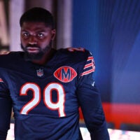 Oct 19, 2025; Chicago, Illinois, USA; Chicago Bears cornerback Tyrique Stevenson (29) takes the field before the game against the New Orleans Saints at Soldier Field.