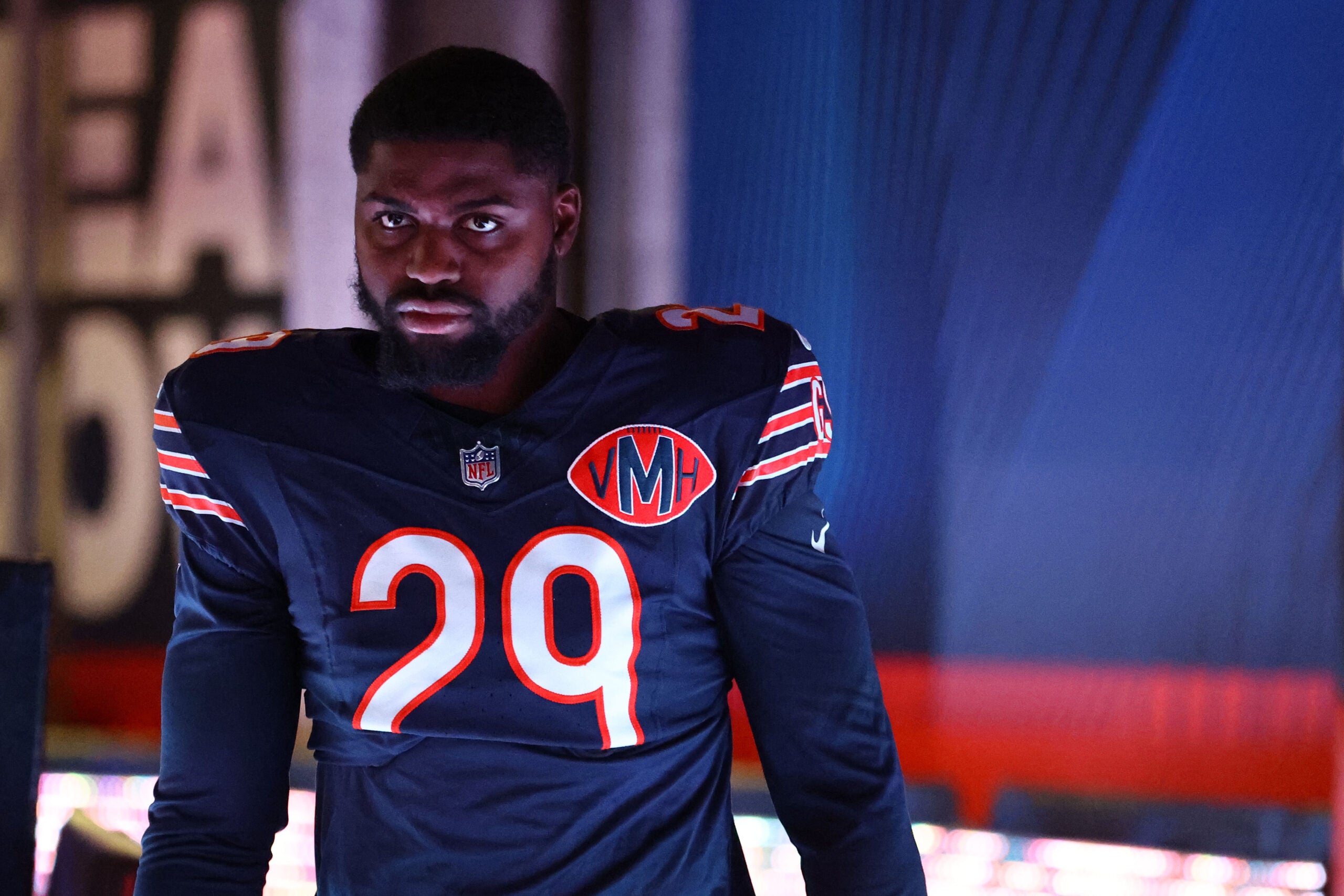 Oct 19, 2025; Chicago, Illinois, USA; Chicago Bears cornerback Tyrique Stevenson (29) takes the field before the game against the New Orleans Saints at Soldier Field.