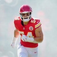 Oct 19, 2025; Kansas City, Missouri, USA; Kansas City Chiefs linebacker Leo Chenal (54) runs onto the field during player introductions prior to the game against the Las Vegas Raiders at GEHA Field at Arrowhead Stadium. Mandatory Credit: Jay Biggerstaff-Imagn Images