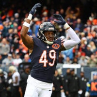 Oct 19, 2025; Chicago, Illinois, USA; Chicago Bears middle linebacker Tremaine Edmunds (49) reacts against the New Orleans Saints during the first quarter at Soldier Field.