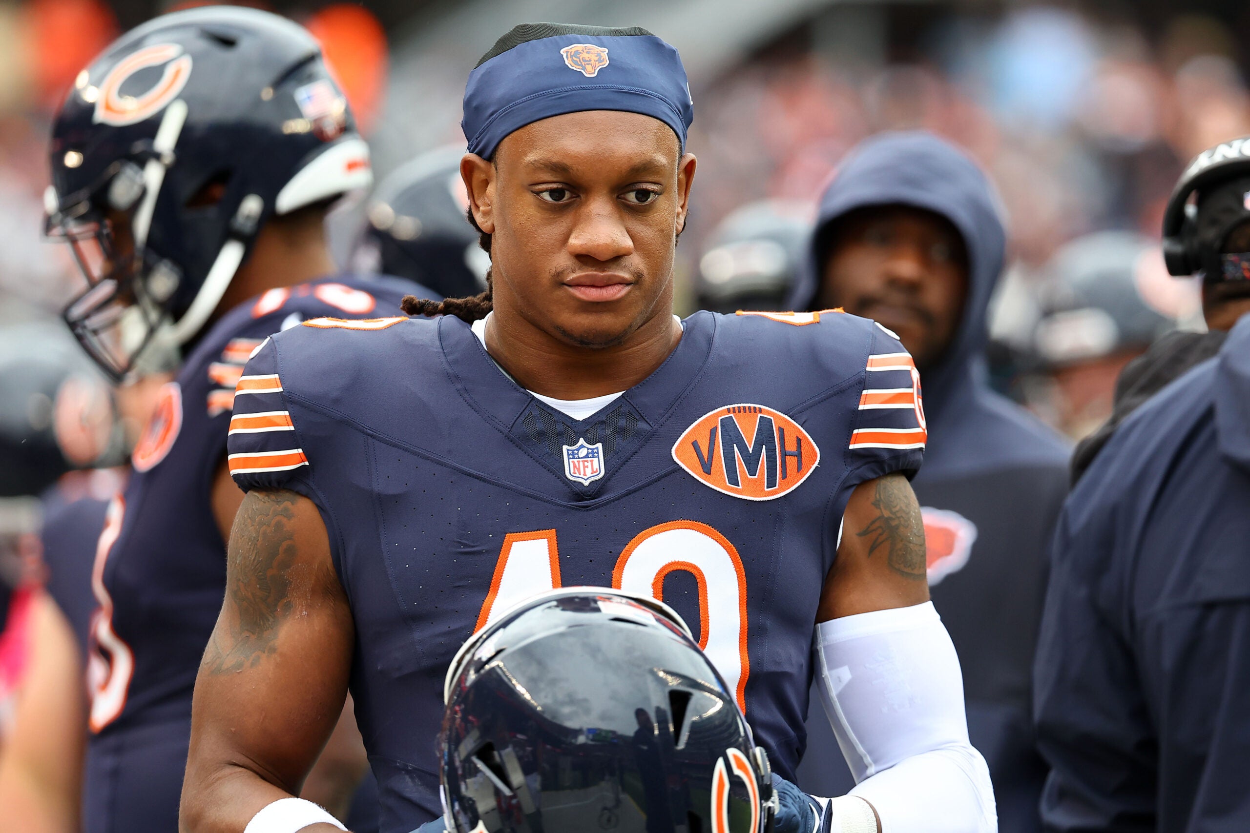 Oct 19, 2025; Chicago, Illinois, USA; Chicago Bears middle linebacker Tremaine Edmunds (49) during the second half at Soldier Field.