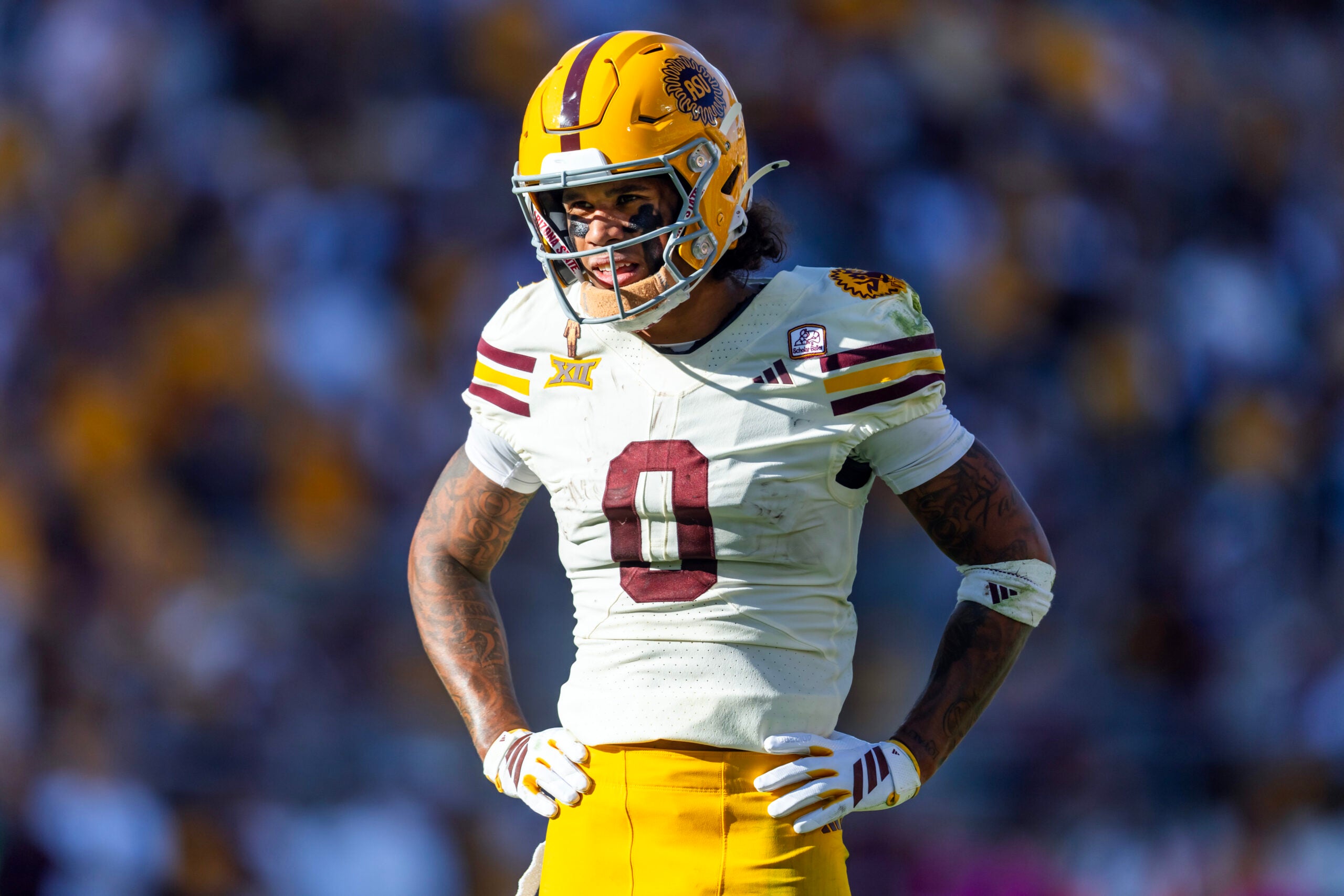Oct 18, 2025; Tempe, Arizona, USA; Arizona State Sun Devils wide receiver Jordyn Tyson (0) against the Texas Tech Red Raiders at Mountain America Stadium. Mandatory Credit: Mark J. Rebilas-Imagn Images