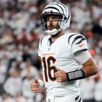 Cincinnati Bengals quarterback Joe Flacco (16) runs off before a field goal attempt in the fourth quarter of the NFL Week 7 game between the Cincinnati Bengals and the Pittsburgh Steelers at Paycor Stadium in downtown Cincinnati on Thursday, Oct. 16, 2025. The Bengals won, 33-31.