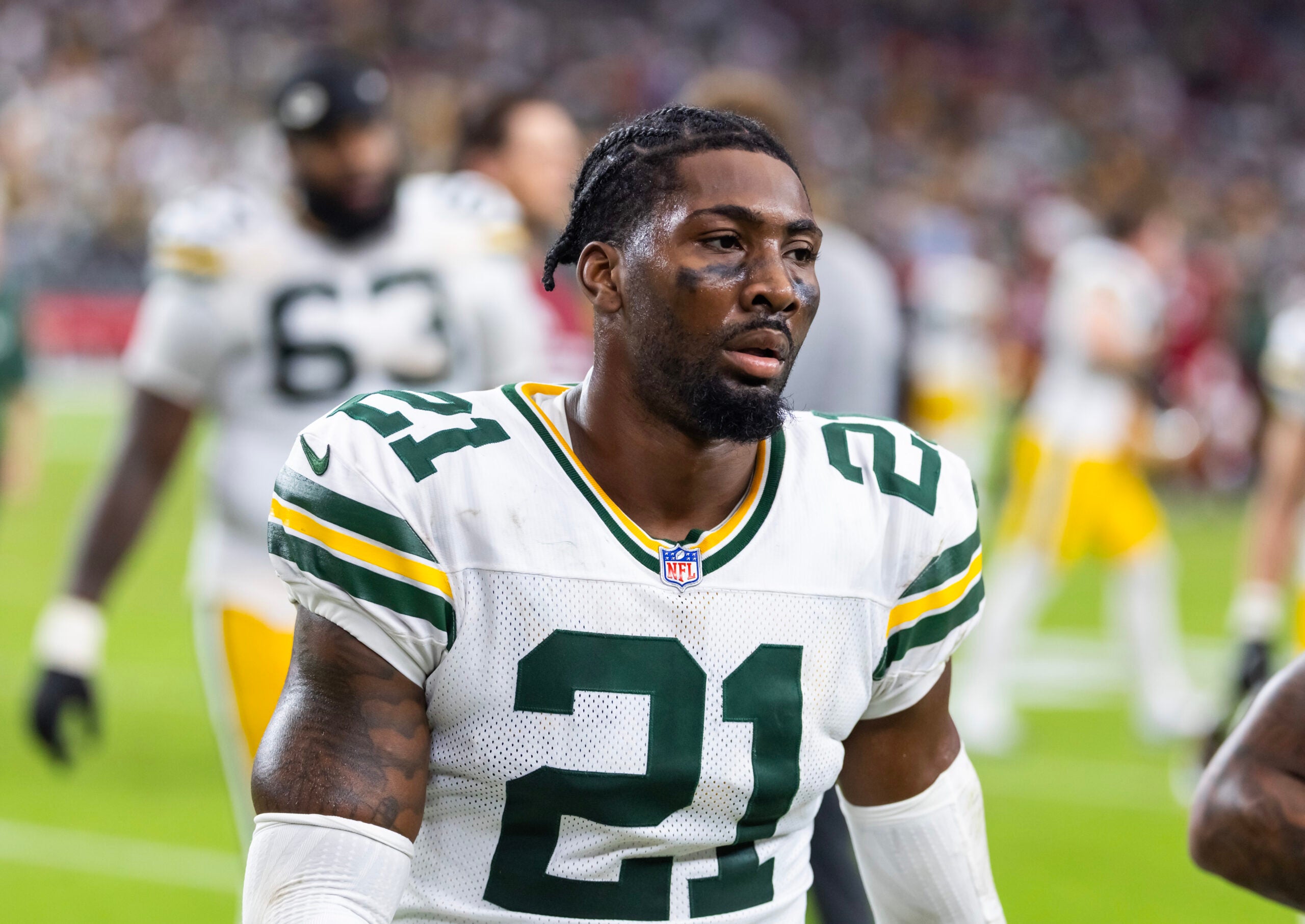Oct 19, 2025; Glendale, Arizona, USA; Green Bay Packers cornerback Nate Hobbs (21) against the Arizona Cardinals at State Farm Stadium.
