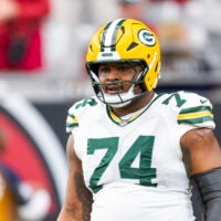Oct 19, 2025; Glendale, Arizona, USA; Green Bay Packers center Elgton Jenkins (74) against the Arizona Cardinals at State Farm Stadium.