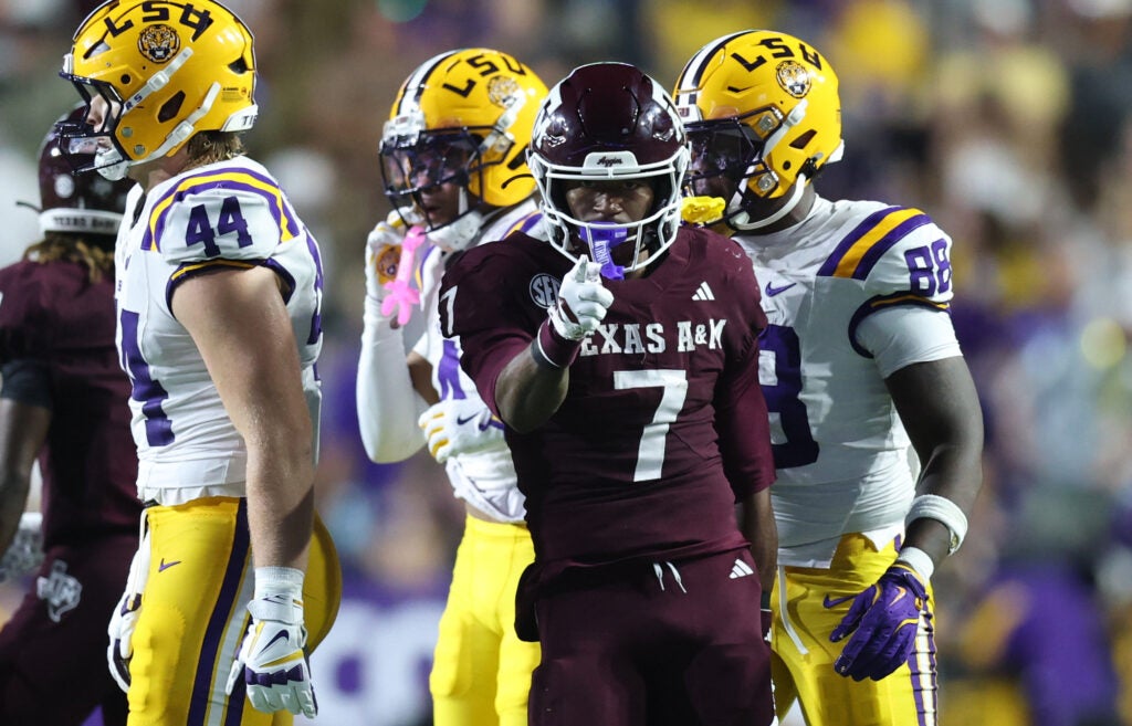 Oct 25, 2025; Baton Rouge, Louisiana, USA; Texas A&M Aggies wide receiver KC Concepcion (7) celebrates after a first down during the first half against the Louisiana State Tigers at Tiger Stadium.