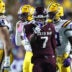 Oct 25, 2025; Baton Rouge, Louisiana, USA; Texas A&M Aggies wide receiver KC Concepcion (7) celebrates after a first down during the first half against the Louisiana State Tigers at Tiger Stadium.