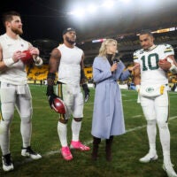 Oct 26, 2025; Pittsburgh, Pennsylvania, USA; Sports commentator Melissa Stark interviews (from left to right) Green Bay Packers tight end Tucker Kraft (85), defensive end Micah Parsons (1) and quarterback Jordan Love (10) after the game against the Pittsburgh Steelers at Acrisure Stadium.