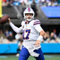 Oct 26, 2025; Charlotte, North Carolina, USA; Buffalo Bills quarterback Josh Allen (17) looks to pass in the first quarter at Bank of America Stadium.