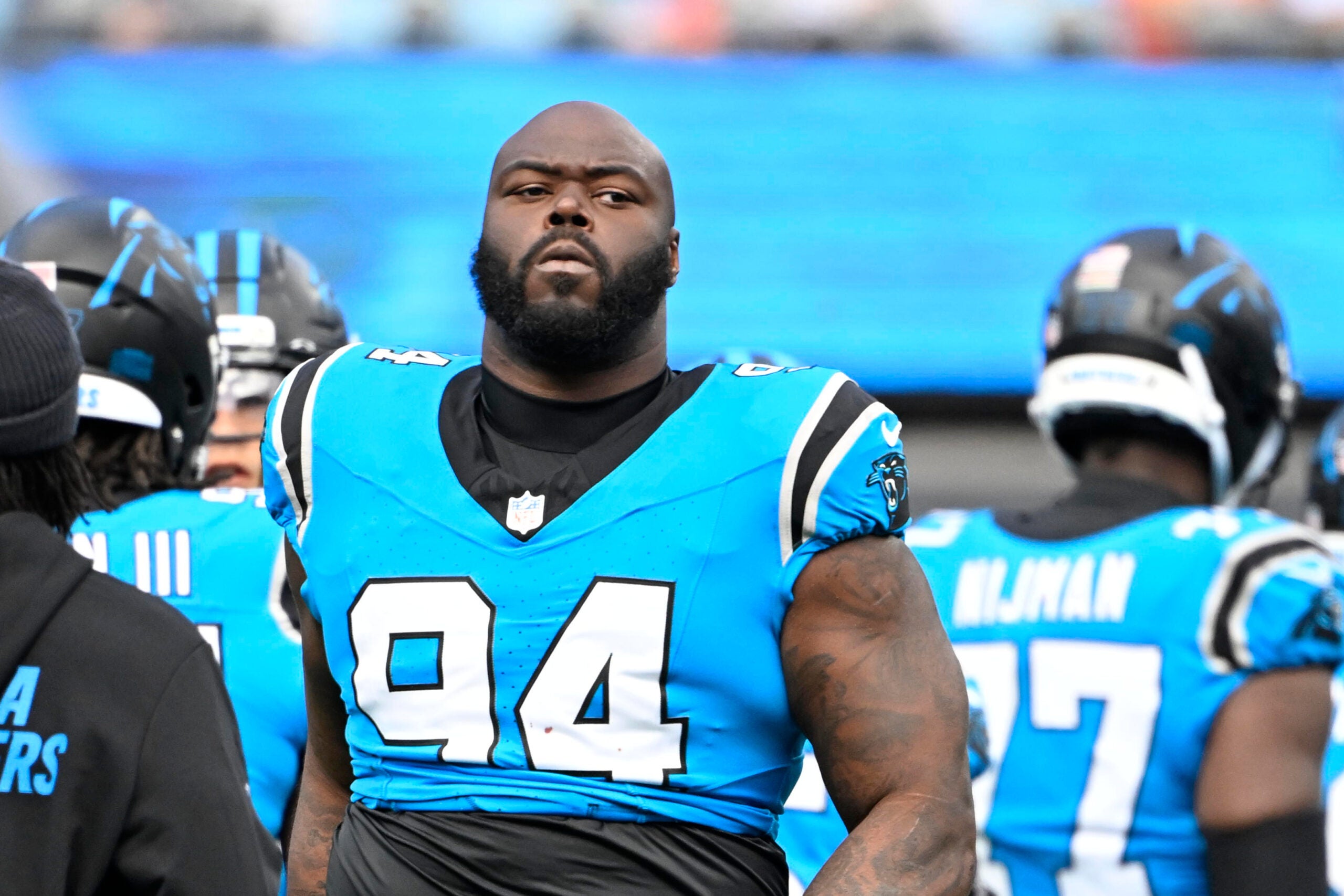 Oct 26, 2025; Charlotte, North Carolina, USA; Carolina Panthers defensive end A'Shawn Robinson (94) before the game at Bank of America Stadium.