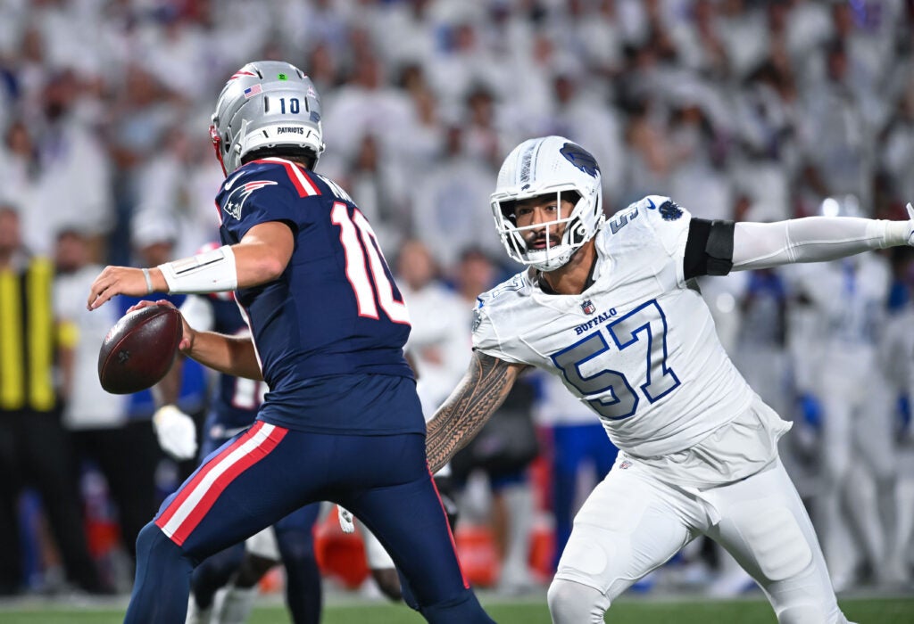 Former Bills edge rusher A.J. Epenesa in pursuit of Patriots QB Drake Maye