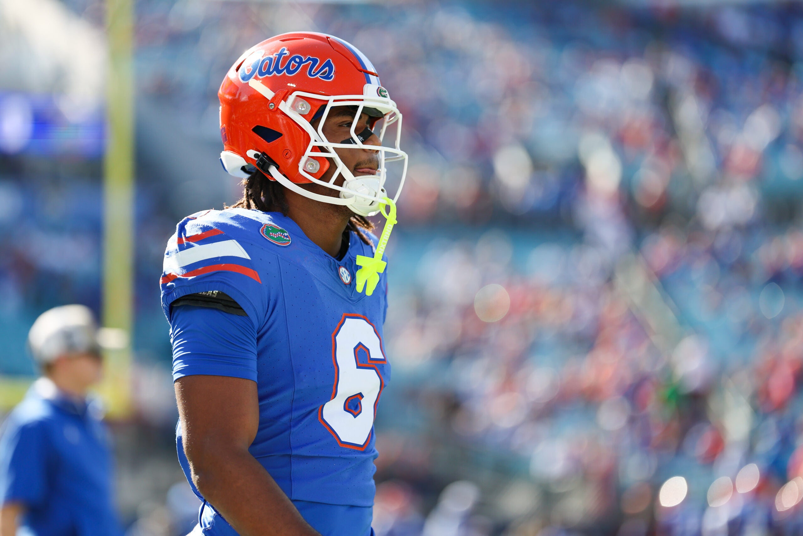 Nov 1, 2025; Jacksonville, Florida, USA; Florida Gators wide receiver Dallas Wilson (6) looks on in the first half against the Georgia Bulldogs at EverBank Stadium.
