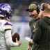 Nov 2, 2025; Detroit, Michigan, USA; Minnesota Vikings head coach Kevin O'Connell speaks with Minnesota Vikings quarterback J.J. McCarthy (9) in the first quarter against the Detroit Lions at Ford Field.