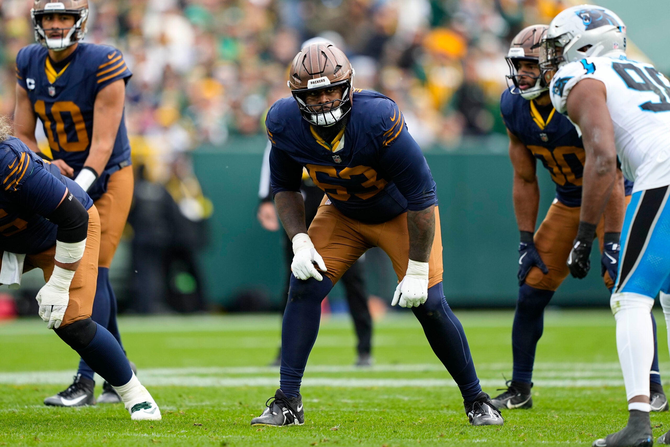 Nov 2, 2025; Green Bay, Wisconsin, USA; Green Bay Packers offensive tackle Rasheed Walker (63) during the game against the Carolina Panthers at Lambeau Field.
