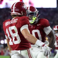 Nov 8, 2025; Tuscaloosa, Alabama, USA; Alabama Crimson Tide defensive back Bray Hubbard (18) and linebacker Justin Jefferson (10) celebrate after a play against the Louisiana State Tigers during the second quarter of the game at Saban Field at Bryant-Denny Stadium.