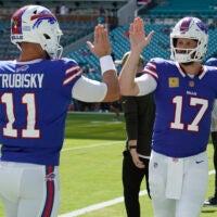 Nov 9, 2025; Miami Gardens, Florida, USA; Buffalo Bills quarterback Josh Allen (17) and quarterback Mitchell Trubisky (11) before a game against the Miami Dolphins at Hard Rock Stadium.