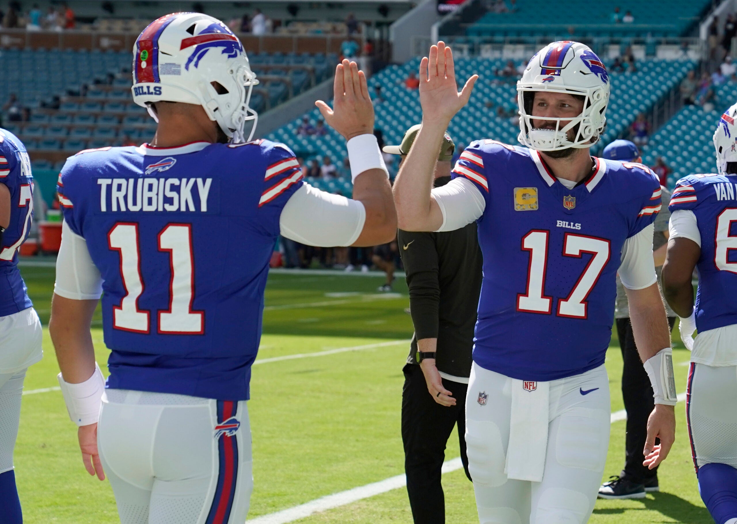 Nov 9, 2025; Miami Gardens, Florida, USA; Buffalo Bills quarterback Josh Allen (17) and quarterback Mitchell Trubisky (11) before a game against the Miami Dolphins at Hard Rock Stadium.
