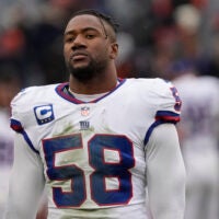 Nov 9, 2025; Chicago, Illinois, USA; New York Giants linebacker Bobby Okereke (58) leaves the field after losing to the Chicago Bears at Soldier Field.