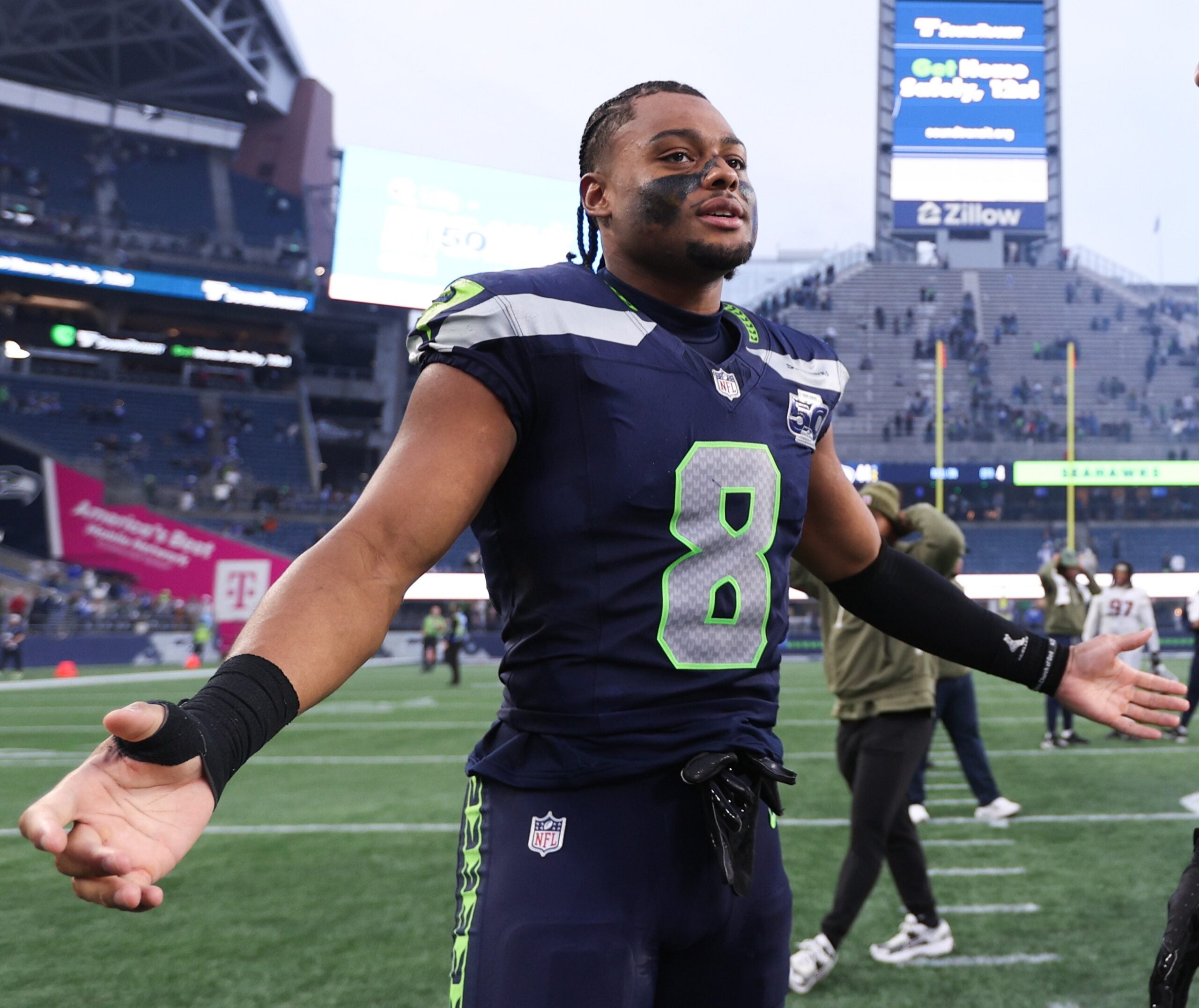 Nov 9, 2025; Seattle, Washington, USA; Seattle Seahawks safety Coby Bryant (8) after the game at Lumen Field.