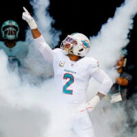 Nov 9, 2025; Miami Gardens, Florida, USA; Miami Dolphins outside linebacker Bradley Chubb (2) runs on the field before a game against the Buffalo Bills at Hard Rock Stadium.