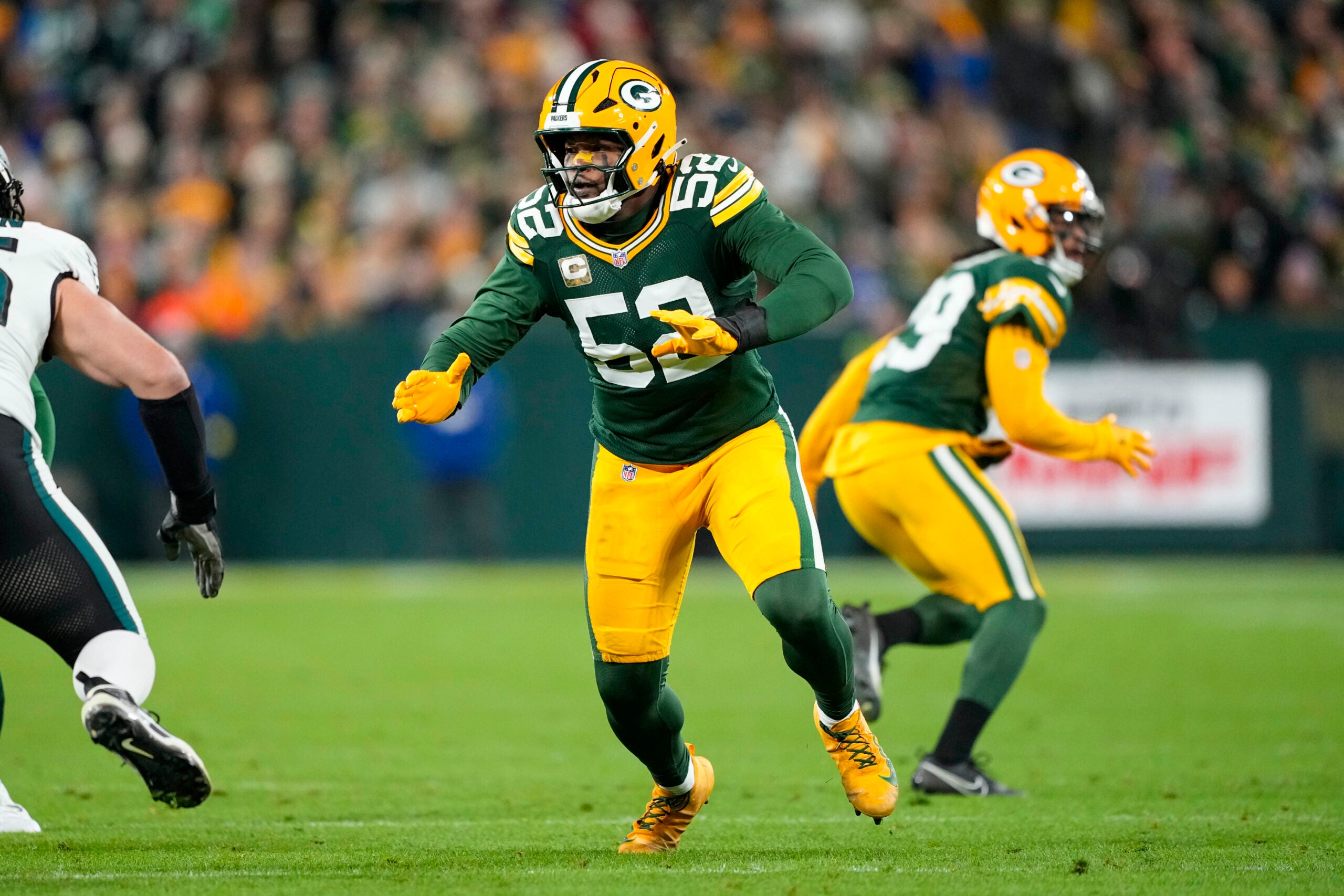 Nov 10, 2025; Green Bay, Wisconsin, USA; Green Bay Packers defensive lineman Rashan Gary (52) during the game against the Philadelphia Eagles at Lambeau Field.