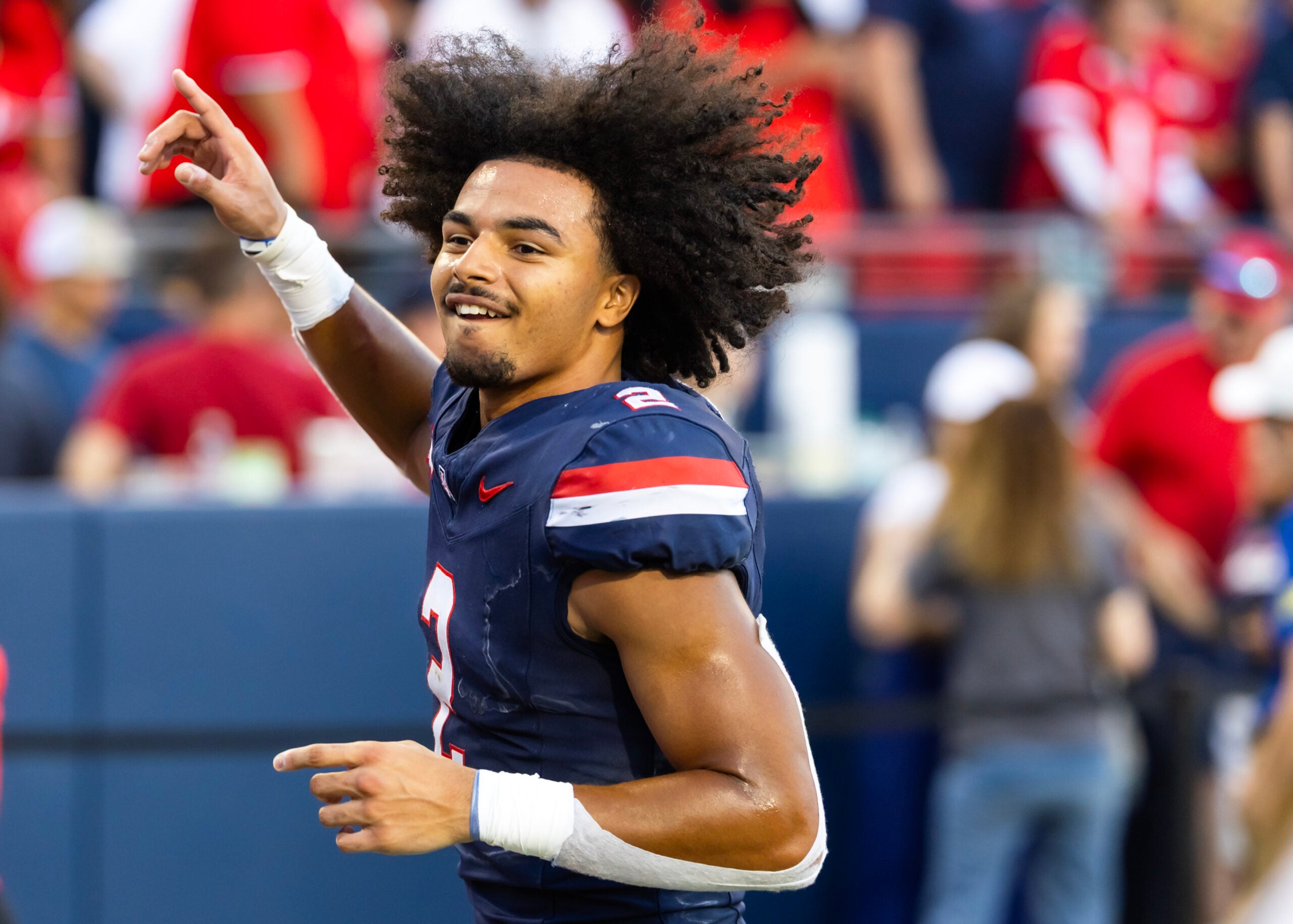 Nov 8, 2025; Tucson, Arizona, USA; Arizona Wildcats defensive back Treydan Stukes (2) celebrates after defeating the Kansas Jayhawks at Arizona Stadium.