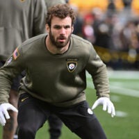 Nov 16, 2025; Pittsburgh, Pennsylvania, USA; Pittsburgh Steelers linebacker Payton Wilson warms up for a game against the Cincinnati Bengals at Acrisure Stadium.