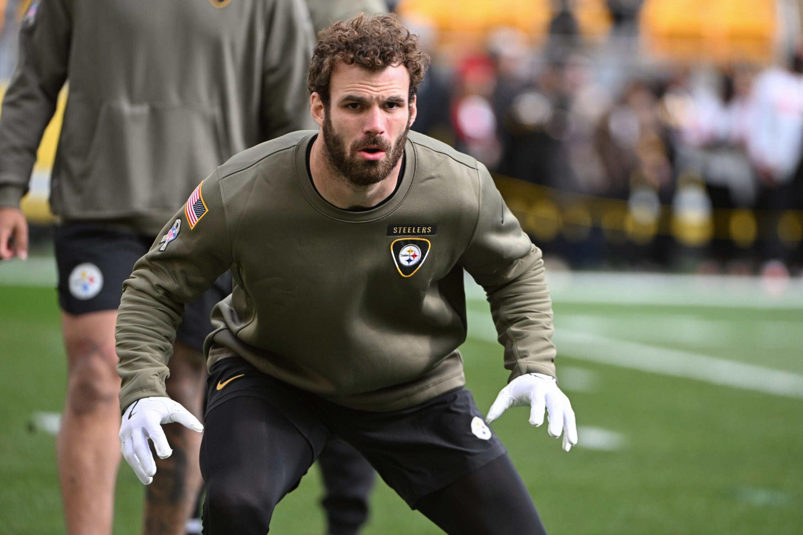Nov 16, 2025; Pittsburgh, Pennsylvania, USA; Pittsburgh Steelers linebacker Payton Wilson warms up for a game against the Cincinnati Bengals at Acrisure Stadium.