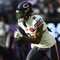 Nov 16, 2025; Minneapolis, Minnesota, USA; Chicago Bears wide receiver DJ Moore (2) warms up before a game against the Minnesota Vikings at U.S. Bank Stadium.