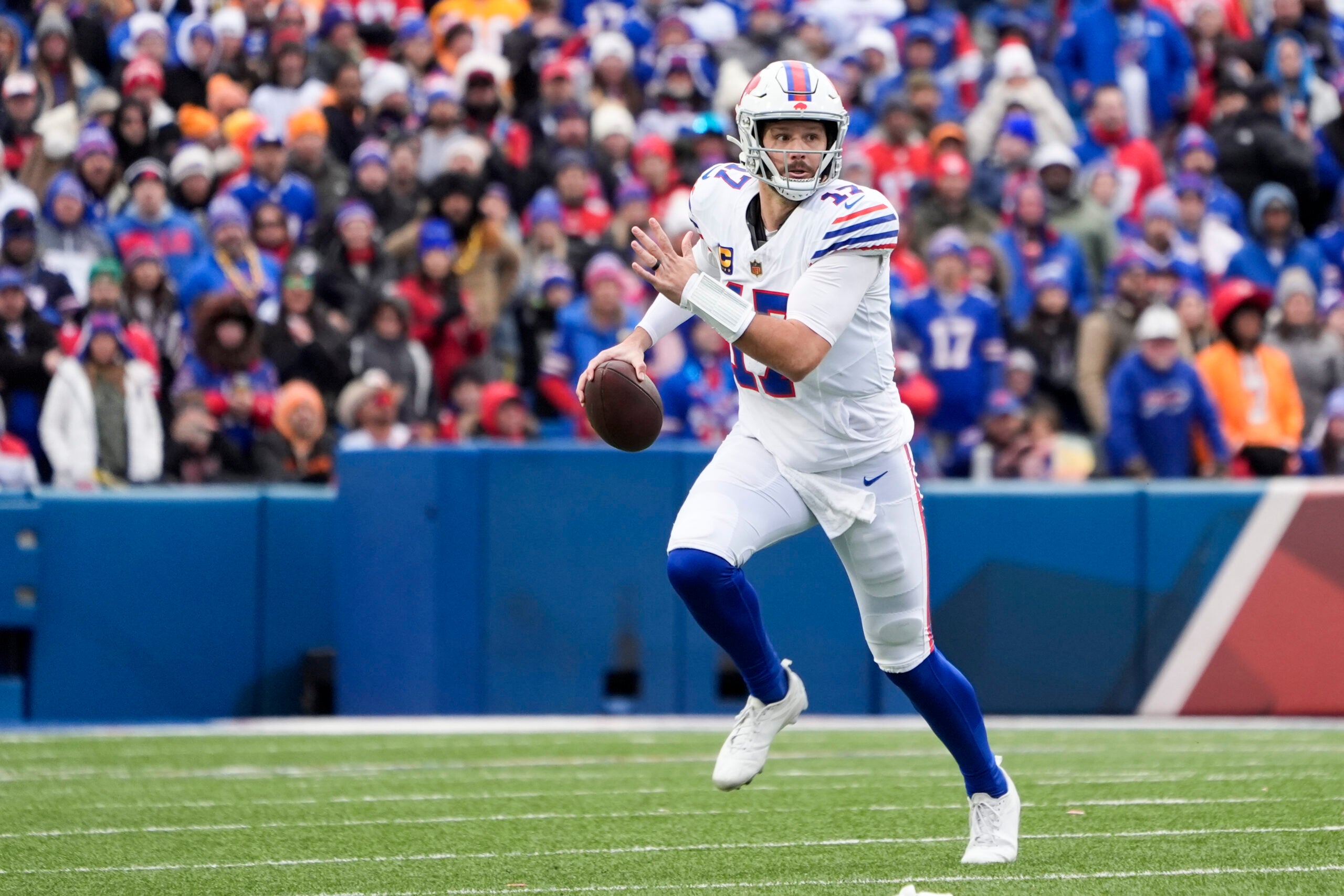 Nov 16, 2025; Orchard Park, New York, USA; Buffalo Bills quarterback Josh Allen (17) scrambles against the Tampa Bay Buccaneers during the first half of the game at Highmark Stadium.