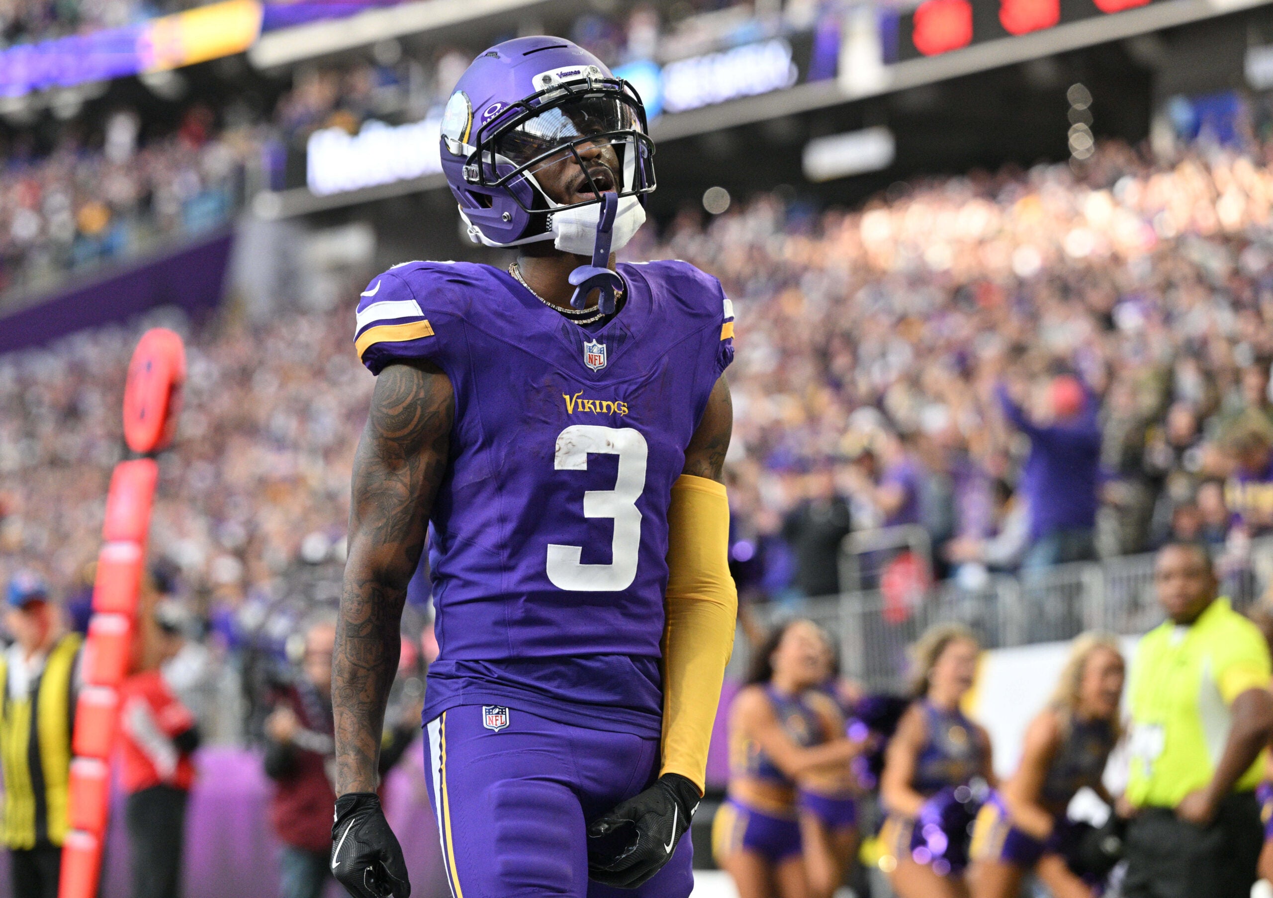Nov 16, 2025; Minneapolis, Minnesota, USA; Minnesota Vikings wide receiver Jordan Addison (3) celebrates after scoring a touchdown during the fourth quarter against the Chicago Bears at U.S. Bank Stadium.