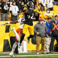 Pittsburgh Steelers cornerback James Pierre (42) intercepted a pass to Cincinnati Bengals wide receiver Tee Higgins (5) in the fourth quarter of the NFL Week 11 game between the Pittsburgh Steelers and the Cincinnati Bengals at Acrisure Stadium in Pittsburgh on Sunday, Nov. 16, 2025. The Bengals lost 34-12.