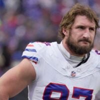 Buffalo Bills defensive end Joey Bosa watches the offensive line on the field during second half action against the Tampa Bay Buccaneers on Nov 16, 2025 at Highmark Stadium in Orchard Park.