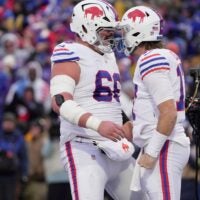 Buffalo Bills guard Connor McGovern and quarterback Josh Allen celebrate in the end zone Allen’s third touchdown during second half action against the Tampa Bay Buccaneers on Nov 16, 2025 at Highmark Stadium in Orchard Park.
