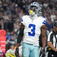 Nov 17, 2025; Paradise, Nevada, USA; Dallas Cowboys wide receiver George Pickens (3) reacts after making a catch against the Las Vegas Raiders during the second half at Allegiant Stadium.