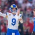 November 9, 2025; Santa Clara, California, USA; Los Angeles Rams quarterback Matthew Stafford (9) warms up in front of head coach Sean McVay (right) before the game against the San Francisco 49ers at Levi's Stadium.