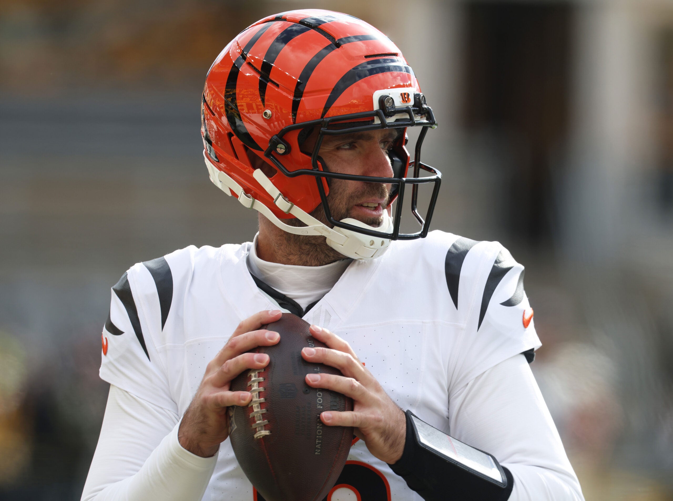 Nov 16, 2025; Pittsburgh, Pennsylvania, USA; Cincinnati Bengals quarterback Joe Flacco (16) warms up before the game against the Pittsburgh Steelers at Acrisure Stadium.