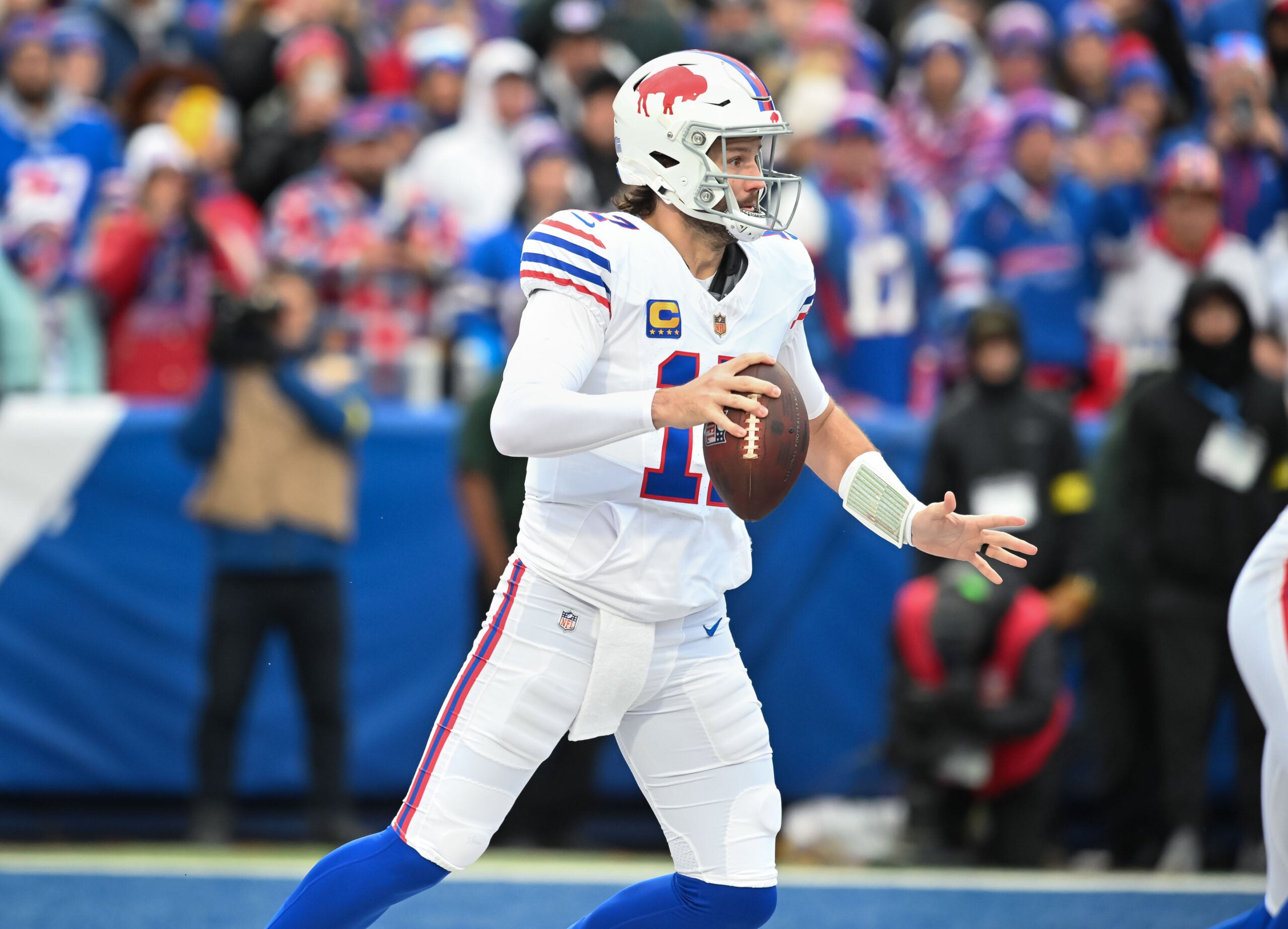 Nov 16, 2025; Orchard Park, New York, USA; Buffalo Bills quarterback Josh Allen (17) moves in the pocket in the first quarter against the Tampa Bay Buccaneers at Highmark Stadium.