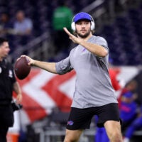 Nov 20, 2025; Houston, Texas, USA; Buffalo Bills quarterback Josh Allen (17 warms up before the game against the Houston Texans at NRG Stadium.