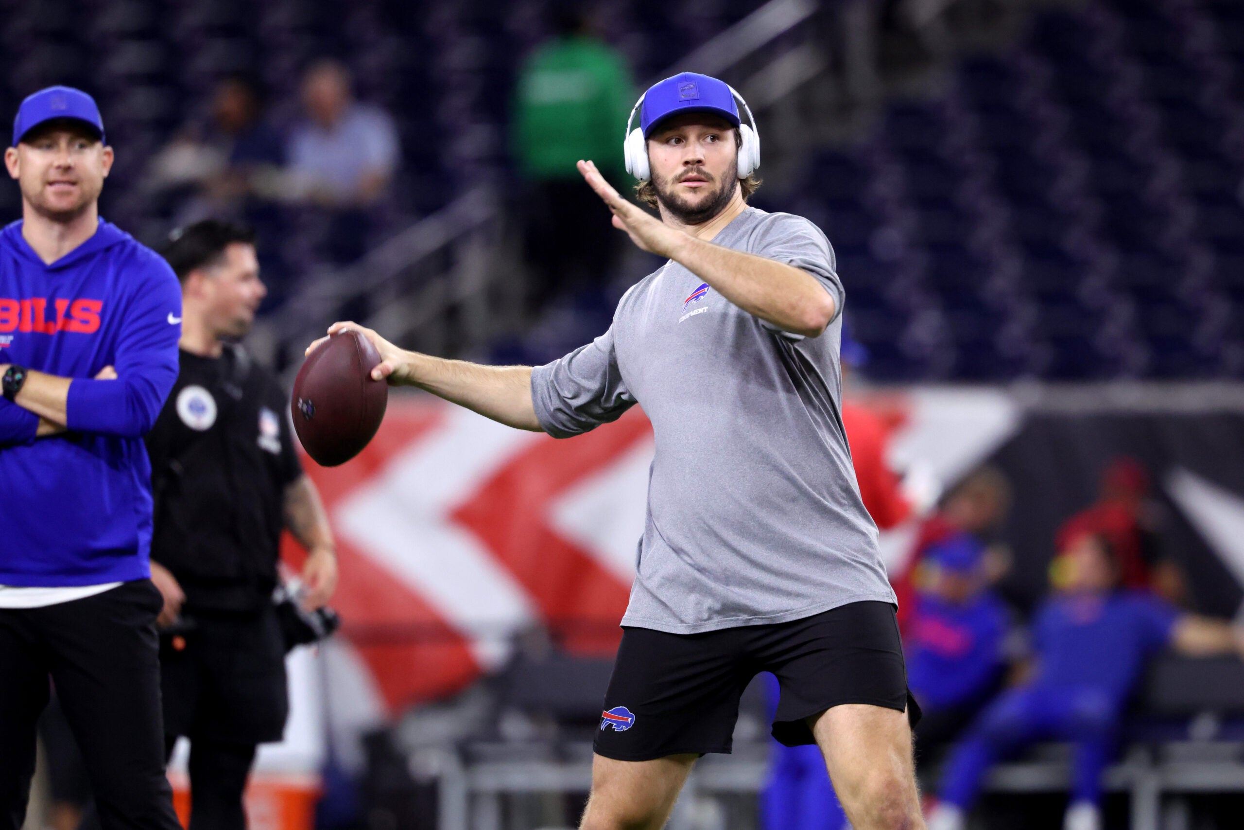 Nov 20, 2025; Houston, Texas, USA; Buffalo Bills quarterback Josh Allen (17 warms up before the game against the Houston Texans at NRG Stadium.