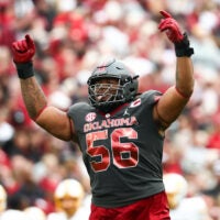 Nov 22, 2025; Norman, Oklahoma, USA; Oklahoma Sooners defensive lineman Gracen Halton (56) reacts during the second half against the Missouri Tigers at Gaylord Family-Oklahoma Memorial Stadium.