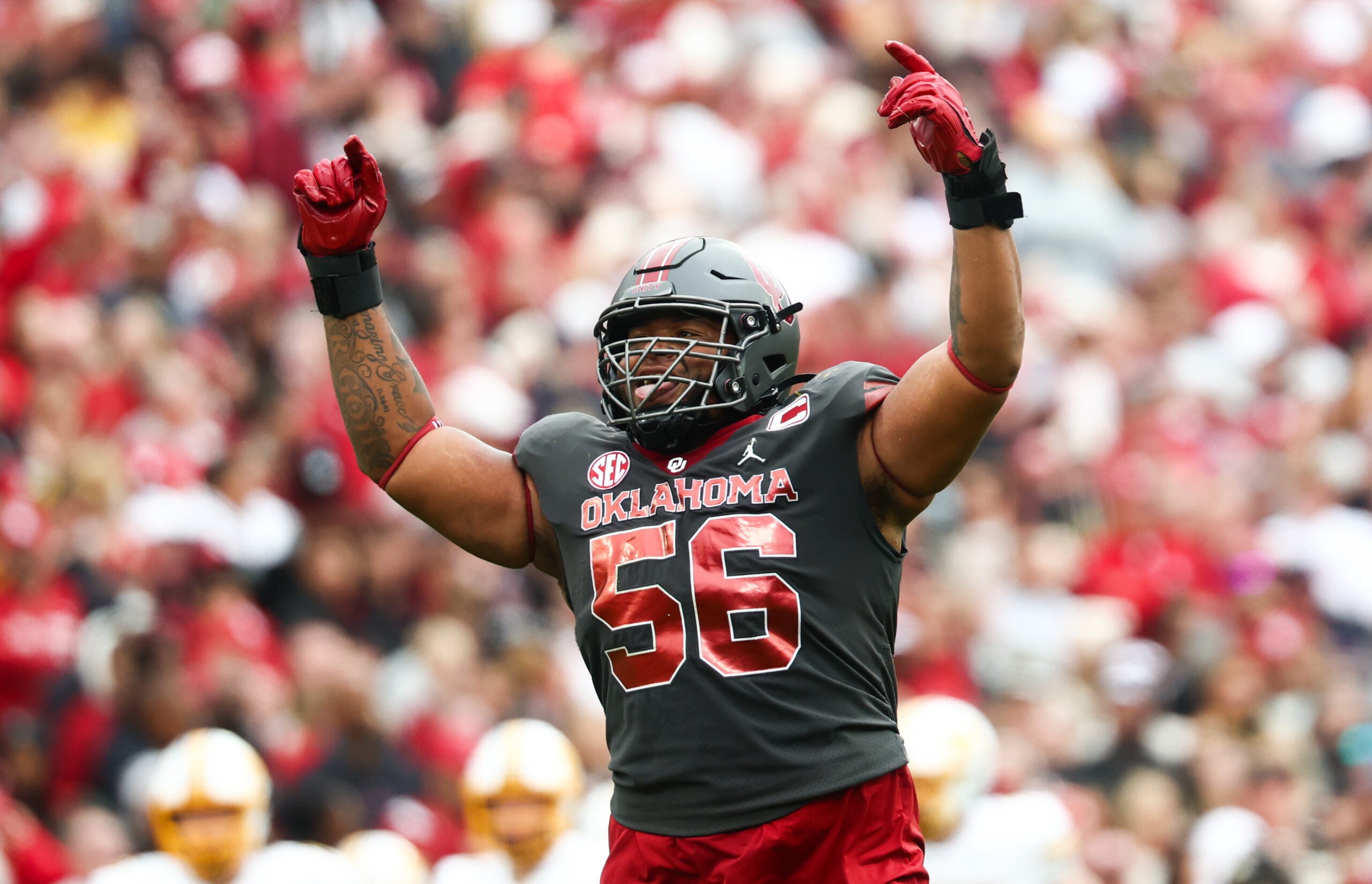 Nov 22, 2025; Norman, Oklahoma, USA; Oklahoma Sooners defensive lineman Gracen Halton (56) reacts during the second half against the Missouri Tigers at Gaylord Family-Oklahoma Memorial Stadium.
