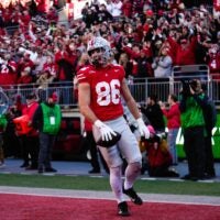 Ohio State Buckeyes tight end Max Klare (86) celebrates after scoring a touchdown in the second half of the NCAA football game at Ohio Stadium on Saturday, Nov. 22, 2025 in Columbus, Ohio.
