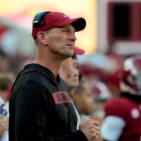 Nov 22, 2025; Tuscaloosa, Alabama, USA; Alabama head coach Kalen DeBoer watches his team play Eastern Illinois at Saban Field at Bryant-Denny Stadium. Mandatory Credit: Gary Cosby Jr.-Imagn Images