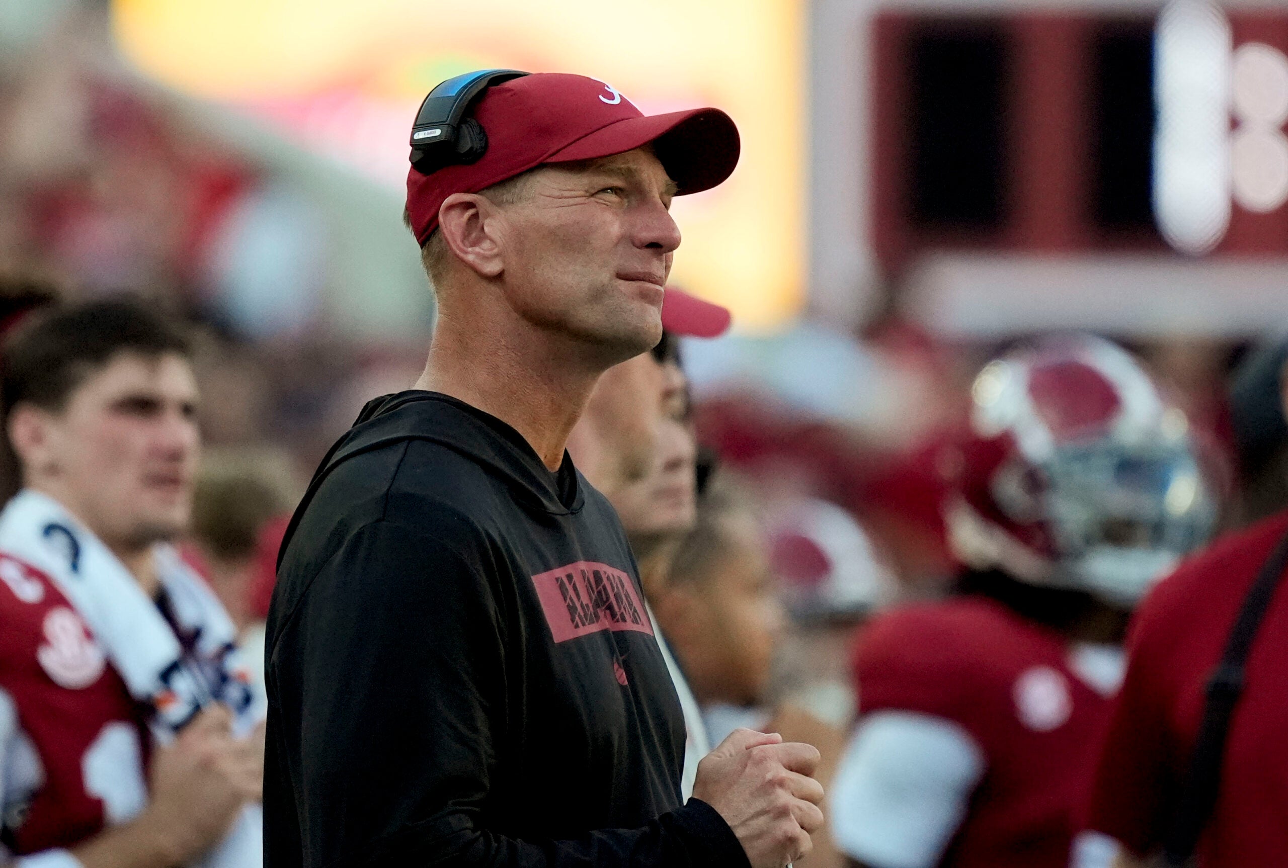 Nov 22, 2025; Tuscaloosa, Alabama, USA; Alabama head coach Kalen DeBoer watches his team play Eastern Illinois at Saban Field at Bryant-Denny Stadium. Mandatory Credit: Gary Cosby Jr.-Imagn Images