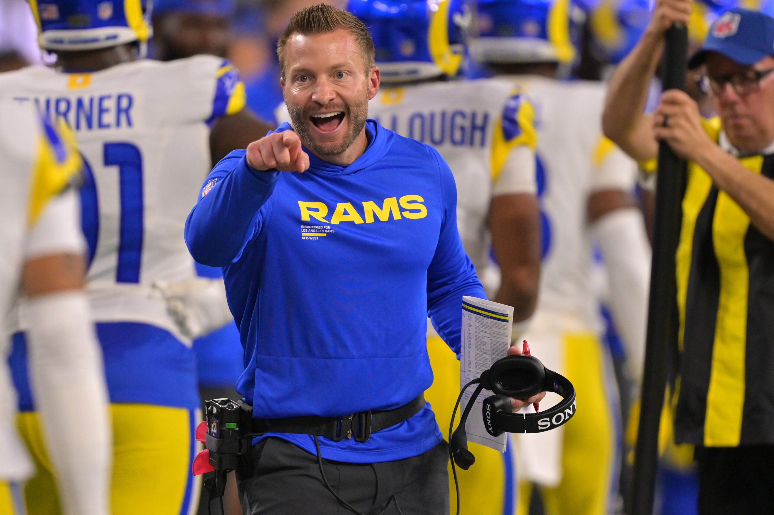 Nov 23, 2025; Inglewood, California, USA; Los Angeles Rams head coach Sean McVay congratulates cornerback Cobie Durant (14) after an interception for a touchdown in the first half against the Tampa Bay Buccaneers at SoFi Stadium.